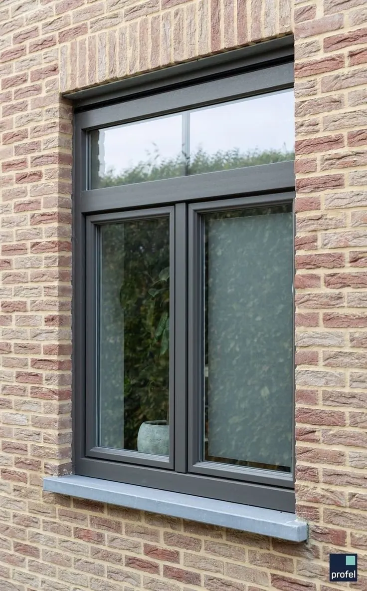 Fenêtre en bois gris anthracite sur façade en brique